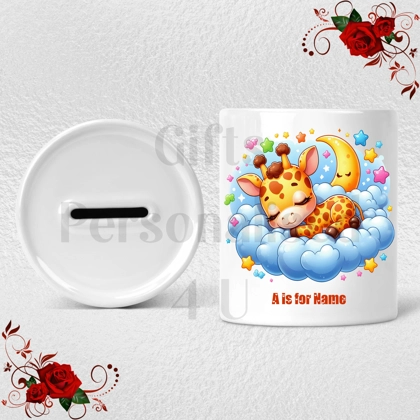 Personalised Ceramic Money Box - Giraffe - Name & Initial - Design 7