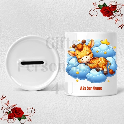 Personalised Ceramic Money Box - Giraffe - Name & Initial - Design 8