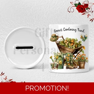 Personalised Ceramic Money Box - Name's Gardening Fund  - Design 1