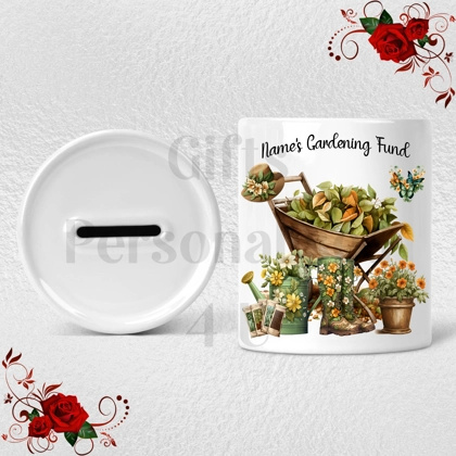 Personalised Ceramic Money Box - Name's Gardening Fund  - Design 1