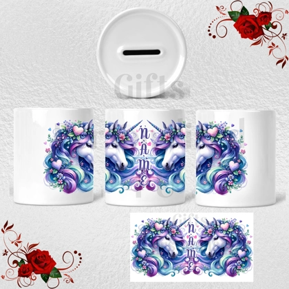 Personalised Ceramic Money Box - Unicorns & Hearts - Name - Design 2 Personalised Ceramic Money Box - Unicorns & Hearts - Name - Design 2