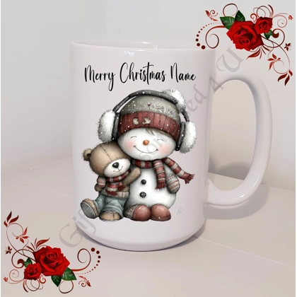 Personalised Mug 11oz & 15oz sizes - Whimsical Snowman - Merry Christmas Name - D.10