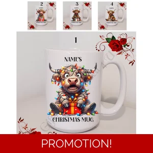 Personalised Mug 11oz & 15oz sizes - Funny Highland Cow - Name's Christmas Mug - D.1-4