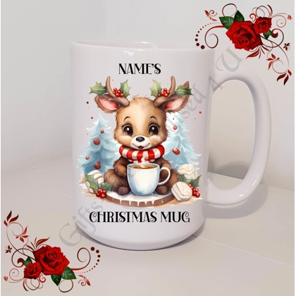 Personalised Mug 11oz & 15oz sizes - Reindeer & Hot Chocolate - Name's Christmas Mug - Design 1