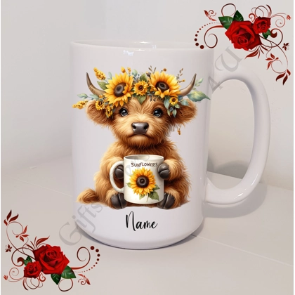 Personalised Mug 11oz & 15oz sizes - Highland Cow - Name - Design 1 Personalised Mug 11oz & 15oz sizes - Highland Cow - Name - Design 1