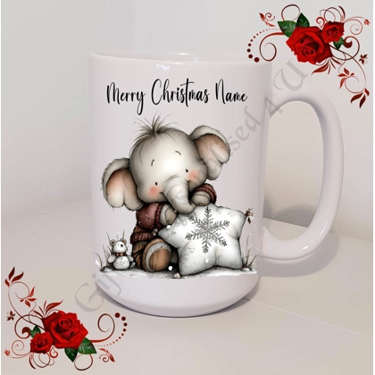 Personalised Mug 11oz & 15oz sizes - Whimsical Elephant - Merry Christmas Name - D.1