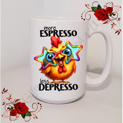 Designed Large 15oz Mug - Humour Gift - more Espresso less Depresso - Design 28