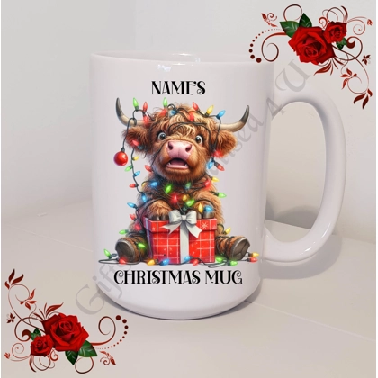 Personalised Mug 11oz & 15oz sizes - Funny Highland Cow - Name's Christmas Mug - Design 2