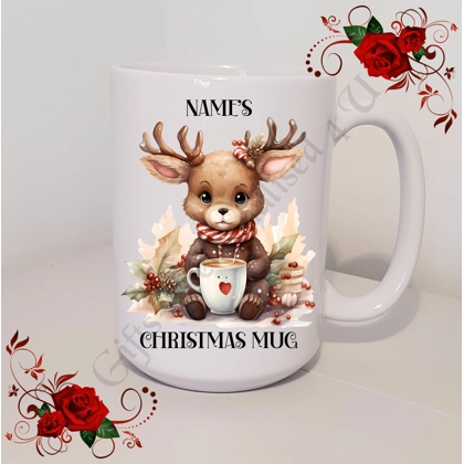 Personalised Mug 11oz & 15oz sizes - Reindeer & Hot Chocolate - Name's Christmas Mug - Design 2
