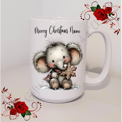 Personalised Mug 11oz & 15oz sizes - Whimsical Elephant - Merry Christmas Name - D.2