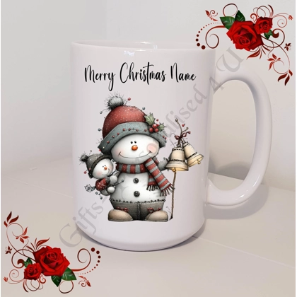 Personalised Mug 11oz & 15oz sizes - Whimsical Snowman - Merry Christmas Name - D.8