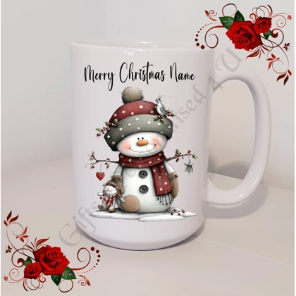 Personalised Mug 11oz & 15oz sizes - Whimsical Snowman - Merry Christmas Name - D.9