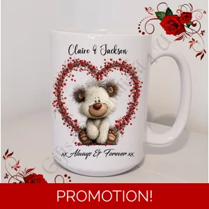 Personalised Mug 11oz & 15oz sizes - Valentine's Day / Love - Bear & Hearts - Names - D.10