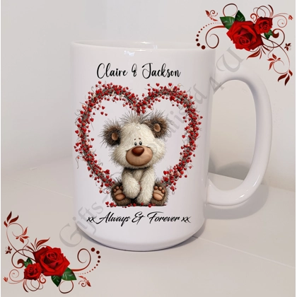 Personalised Mug 11oz & 15oz sizes - Valentine's Day / Love - Bear & Hearts - Names - D.10