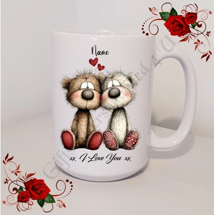 Personalised Mug 11oz & 15oz sizes - Valentine's Day / Love - Bear & Hearts - Name - D.12