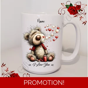 Personalised Mug 11oz & 15oz sizes - Valentine's Day / Love - Bear & Hearts - Name - D.13
