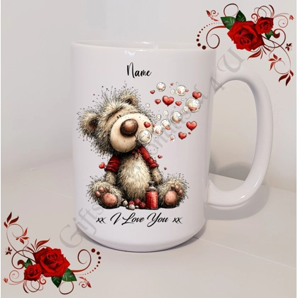 Personalised Mug 11oz & 15oz sizes - Valentine's Day / Love - Bear & Hearts - Name - D.13
