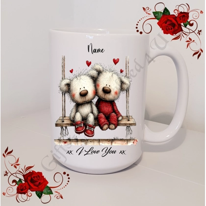 Personalised Mug 11oz & 15oz sizes - Valentine's Day / Love - Bear & Hearts - Name - D.16
