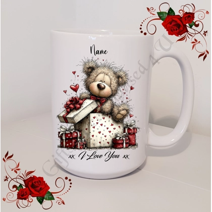 Personalised Mug 11oz & 15oz sizes - Valentine's Day / Love - Bear & Hearts - Name - D.17