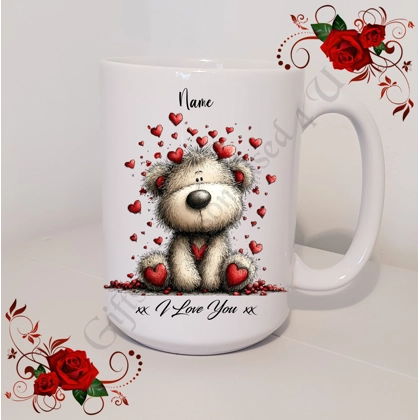 Personalised Mug 11oz & 15oz sizes - Valentine's Day / Love - Bear & Hearts - Name - D.18