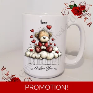 Personalised Mug 11oz & 15oz sizes - Valentine's Day / Love - Bear & Hearts - Name - D.19