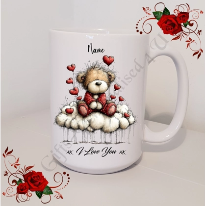 Personalised Mug 11oz & 15oz sizes - Valentine's Day / Love - Bear & Hearts - Name - D.19