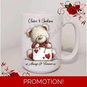 Personalised Mug 11oz & 15oz sizes - Valentine's Day / Love - Bear & Hearts - Names - D.1