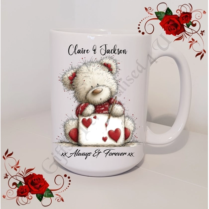 Personalised Mug 11oz & 15oz sizes - Valentine's Day / Love - Bear & Hearts - Names - D.1