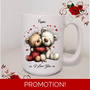 Personalised Mug 11oz & 15oz sizes - Valentine's Day / Love - Bear & Hearts - Name - D.20