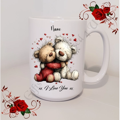 Personalised Mug 11oz & 15oz sizes - Valentine's Day / Love - Bear & Hearts - Name - D.20