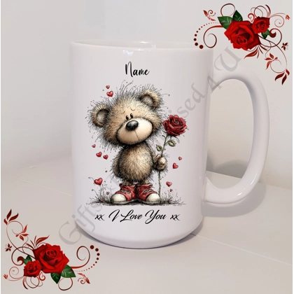 Personalised Mug 11oz & 15oz sizes - Valentine's Day / Love - Bear & Hearts - Name - D.21