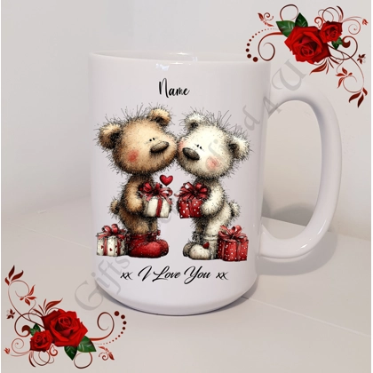 Personalised Mug 11oz & 15oz sizes - Valentine's Day / Love - Bear & Hearts - Name - D.22
