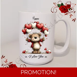 Personalised Mug 11oz & 15oz sizes - Valentine's Day / Love - Bear & Hearts - Name - D.23