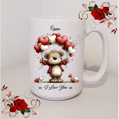 Personalised Mug 11oz & 15oz sizes - Valentine's Day / Love - Bear & Hearts - Name - D.23