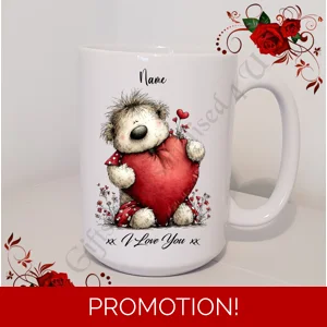 Personalised Mug 11oz & 15oz sizes - Valentine's Day / Love - Bear & Hearts - Name - D.25