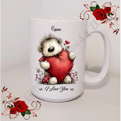 Personalised Mug 11oz & 15oz sizes - Valentine's Day / Love - Bear & Hearts - Name - D.25
