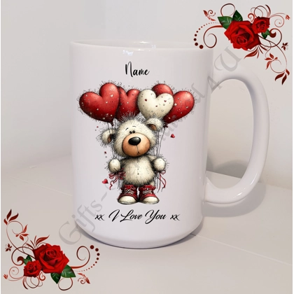 Personalised Mug 11oz & 15oz sizes - Valentine's Day / Love - Bear & Hearts - Name - D.26