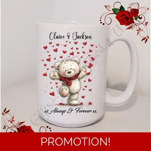 Personalised Mug 11oz & 15oz sizes - Valentine's Day / Love - Bear & Hearts - Names - D.2