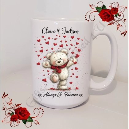 Personalised Mug 11oz & 15oz sizes - Valentine's Day / Love - Bear & Hearts - Names - D.2