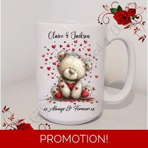 Personalised Mug 11oz & 15oz sizes - Valentine's Day / Love - Bear & Hearts - Names - D.3