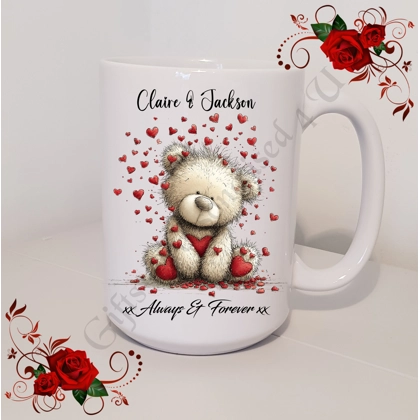 Personalised Mug 11oz & 15oz sizes - Valentine's Day / Love - Bear & Hearts - Names - D.3