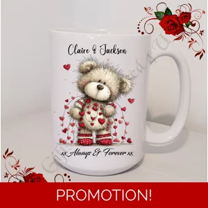 Personalised Mug 11oz & 15oz sizes - Valentine's Day / Love - Bear & Hearts - Names - D.4