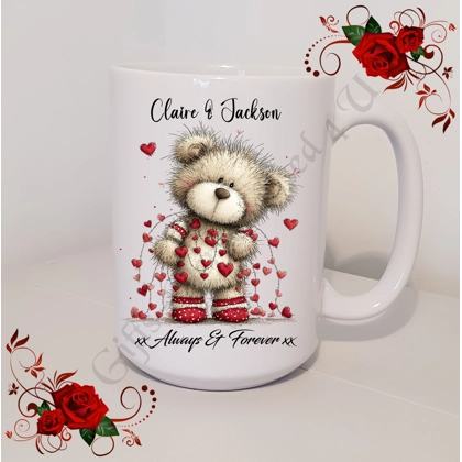Personalised Mug 11oz & 15oz sizes - Valentine's Day / Love - Bear & Hearts - Names - D.4