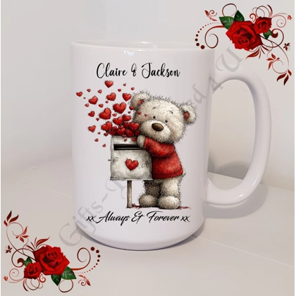 Personalised Mug 11oz & 15oz sizes - Valentine's Day / Love - Bear & Hearts - Names - D.5