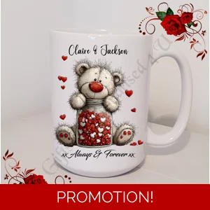 Personalised Mug 11oz & 15oz sizes - Valentine's Day / Love - Bear & Hearts - Names - D.6