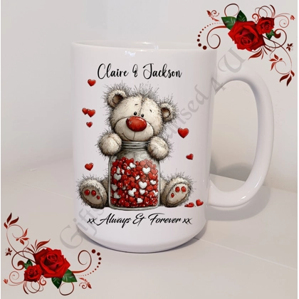 Personalised Mug 11oz & 15oz sizes - Valentine's Day / Love - Bear & Hearts - Names - D.6