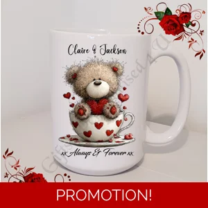 Personalised Mug 11oz & 15oz sizes - Valentine's Day / Love - Bear & Hearts - Names - D.8