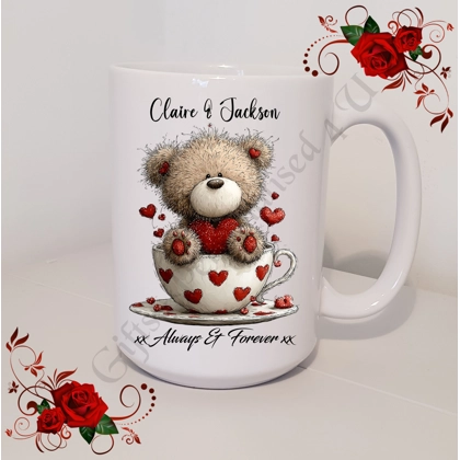Personalised Mug 11oz & 15oz sizes - Valentine's Day / Love - Bear & Hearts - Names - D.8