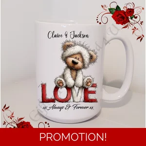 Personalised Mug 11oz & 15oz sizes - Valentine's Day / Love - Bear & Hearts - Names - D.9