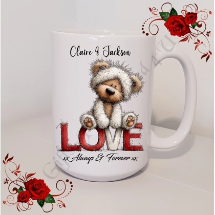 Personalised Mug 11oz & 15oz sizes - Valentine's Day / Love - Bear & Hearts - Names - D.9